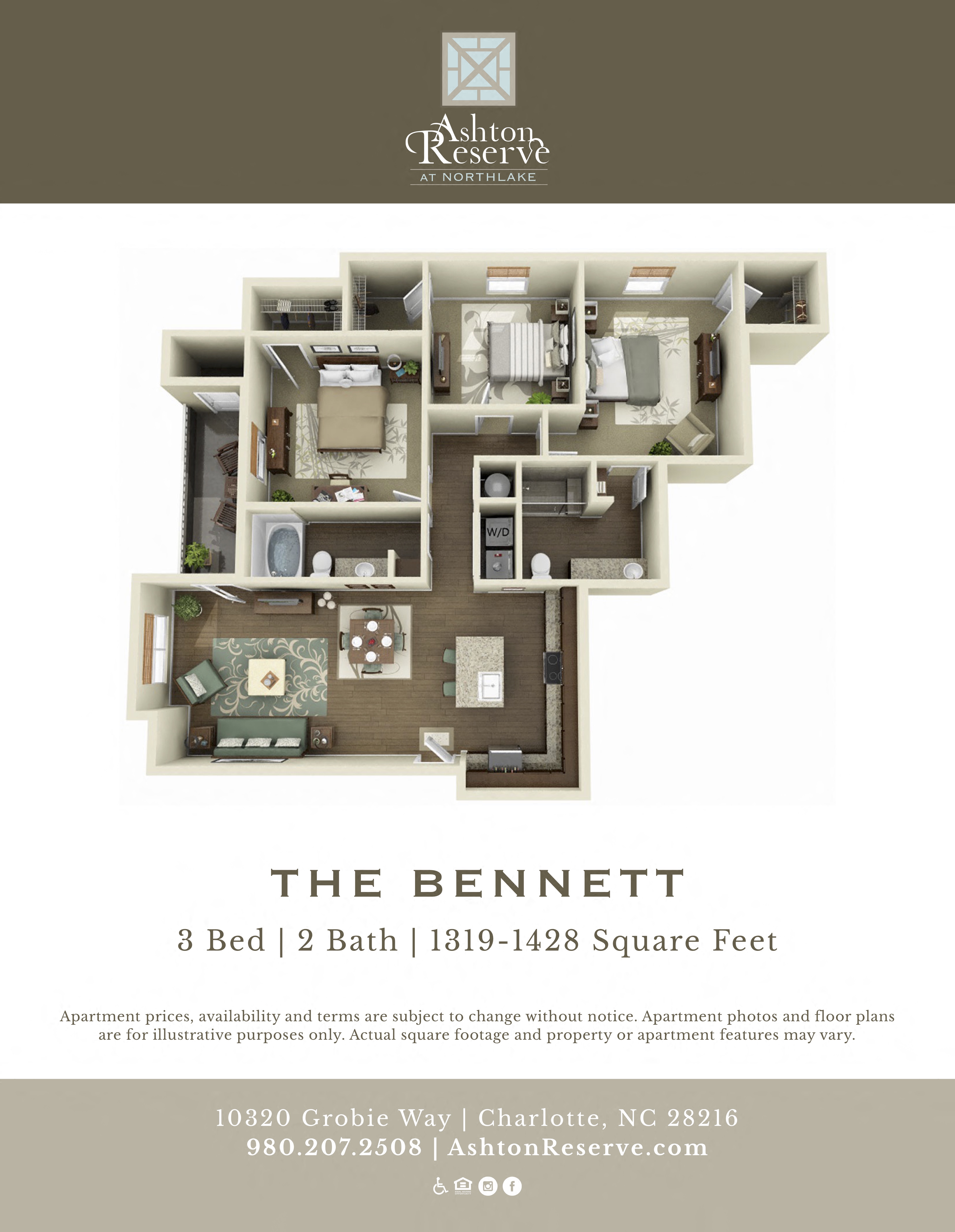 Floor plan for 3 beds, 2 baths, 1318 sqft